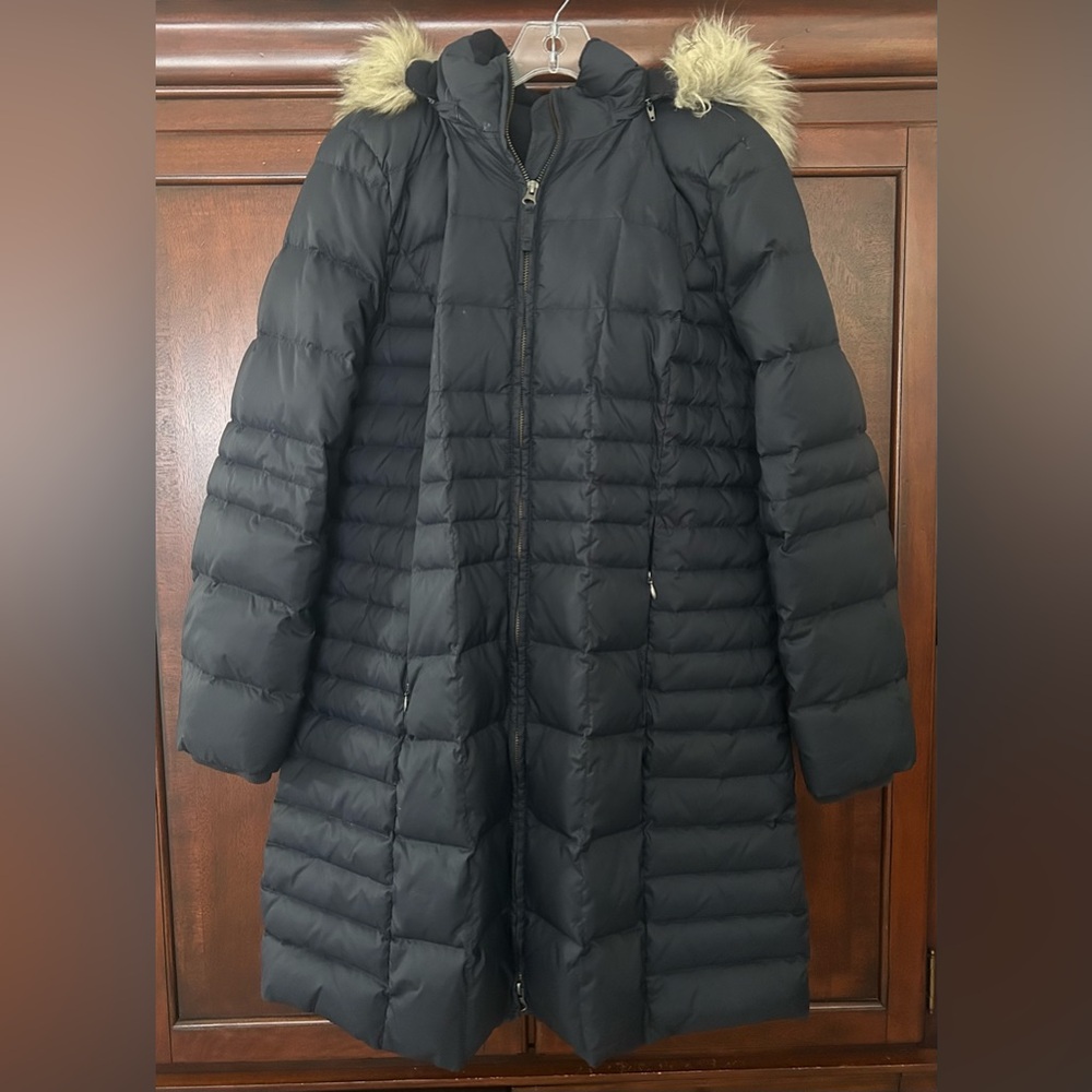 Talbots Navy Down Puffer Long Women’s Coat with Faux Fur Hood L Down lining - Picture 4 of 9